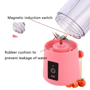 Portable electric juicer cup with six blades, rechargeable mini fruit blender for home and travel use.