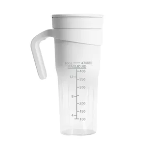 Portable electric juicer cup with 470ml capacity, clear scale markings and ergonomic handle.