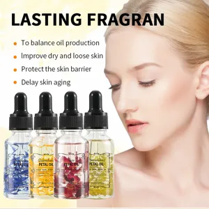 Huile corporelle aux pétales naturels 30ml avec pipette pour visage, cheveux et hydratation.