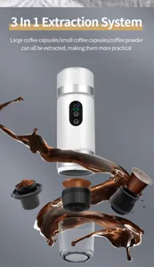 Portable 3-in-1 capsule coffee maker detail view, compatible with powder, large and small capsules.