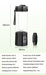 Portable electric juicer cup details, 700ml capacity, 6000mAh battery, 20000rpm powerful motor.