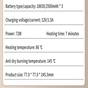 Portable coffee maker detailed specifications parameter card showing battery, power and size.
