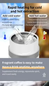 Portable espresso coffee maker detail showing hot and cold extraction modes and USB charging.
