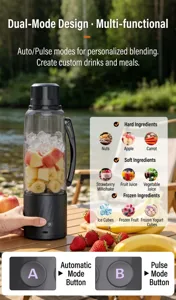 Tazza spremiagrumi elettrica portatile dettaglio che mostra la doppia modalità e il ghiaccio.