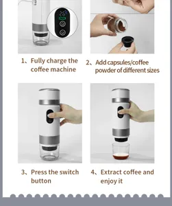 Portable electric coffee machine instruction guide detail image with USB charging function.