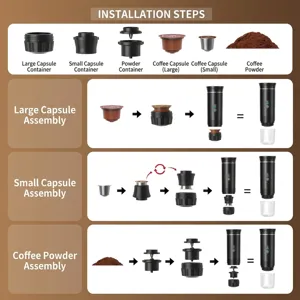 Guía de montaje de cafetera de cápsulas eléctrica portátil para cápsulas grandes y pequeñas.
