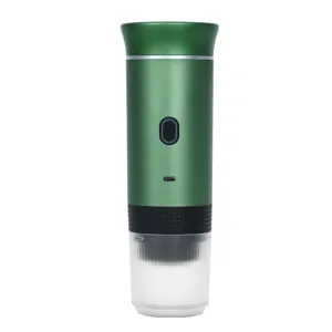 Cafetera de cápsulas eléctrica inalámbrica portátil, acabado verde, máquina de espresso compacta.