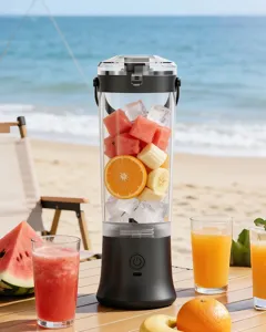 Portable electric juicer cup detail view, rechargeable blender for fresh outdoor fruit juice.