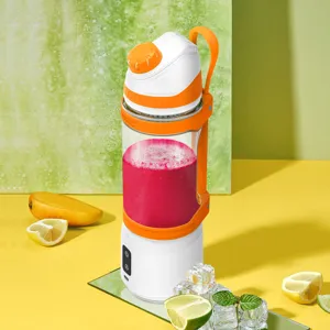 Portable electric juicer cup fruit blender smoothie maker with rechargeable battery and handle.