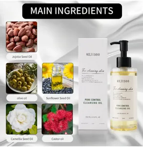 Olio detergente per pori con dettagli sugli ingredienti vegetali naturali come il jojoba.