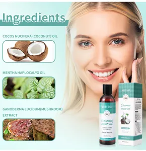Detailed view of natural coconut mint oil ingredients and botanical extracts for oral care.