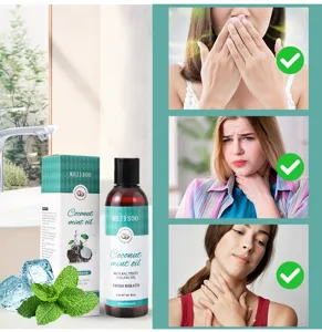 Detailed view of MEJISOO coconut mint oil mouthwash showing bottle and packaging design.
