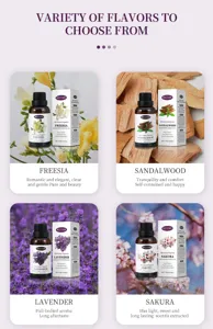 Plant essential oil variants detail showing freesia, sandalwood, lavender and sakura.