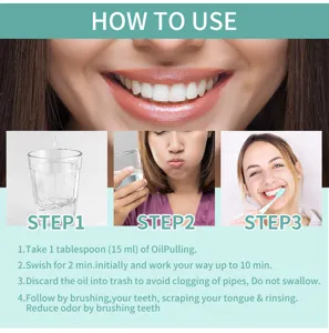 Detailed instruction graphic showing step by step guide on how to use coconut mint mouthwash.