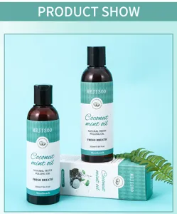 Coconut mint oil mouthwash detail shot, natural teeth pulling and fresh breath 200ml bottle.