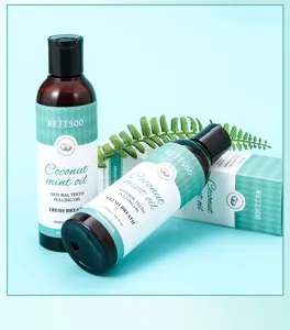 Coconut mint oral hygiene mouthwash detail shot, natural breath freshener in bottle.