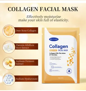 Collagen facial mask detail showing key ingredients like deer bone collagen and hyaluronic acid.