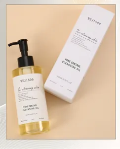 Vista di dettaglio dell'olio detergente controllo pori MEJISOO 200ml flacone e scatola viso.
