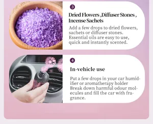 Essential oil usage guide for diffuser stones, dried flowers, and car vent clips.