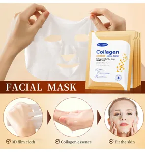 Collagen facial mask detail showing 3d film cloth, rich essence liquid and perfect fit.