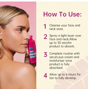 Vue détaillée du spray autobronzant MEJISOO montrant les étapes d'application et le design rose.