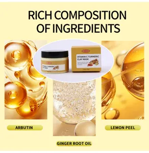 Vitamin C Turmeric Clay Mask detail with rich ingredients, arbutin and ginger root oil.