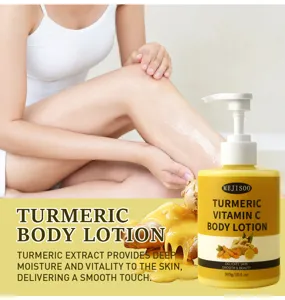 Loción corporal de cúrcuma y vitamina C con dispensador, cuidado hidratante piel suave.