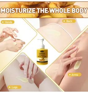 Vista detallada de la loción corporal de cúrcuma y vitamina C aplicada en manos, piernas y brazos.