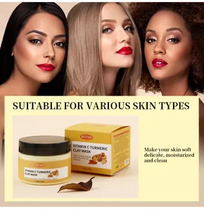 Vitamin C turmeric clay mask detail view showing product jar, box and clean skin.