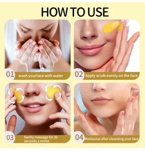 Step-by-step instruction guide showing how to properly apply facial clay mask and scrub product.