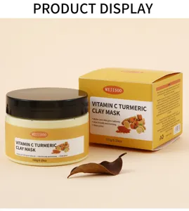 Vitamin C turmeric clay mask jar and packaging box detail display for skincare routine.