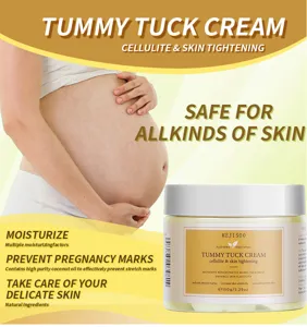 Detailed view of MEJISOO tummy tuck cream for stretch marks, showing natural ingredients and jar.
