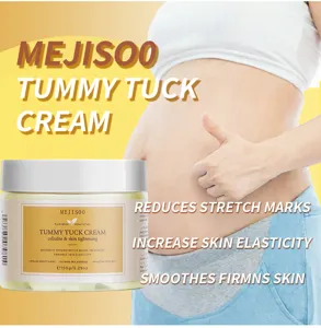 Detailed view of 150g tummy tuck cream and pregnant belly showcasing smooth skin texture.