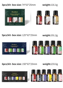 Aromatherapy essential oil set detail view showing various kit sizes and net weights clearly.