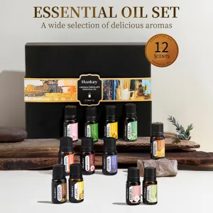 Aromatherapy essential oil set with 12 natural plant scents in a black gift box for home fragrance relaxation.