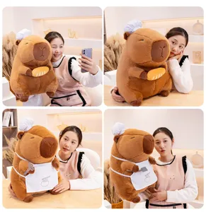 Giant capybara plush toy with chef hat and cute bread prop, soft stuffed animal gift for girls.