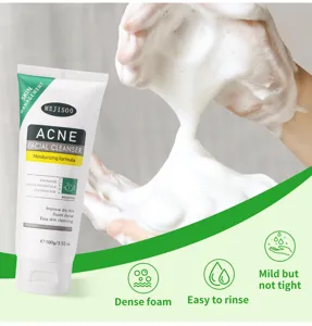 Detailed view of the acne facial cleanser tube showing rich foam and skin care ingredients clearly.