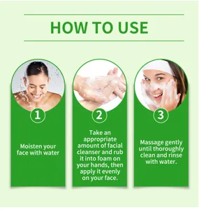 Step-by-step instruction guide for acne facial cleanser usage, skincare routine detail view.