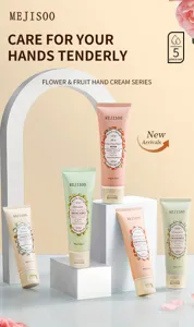 Close-up detail of 5-piece hand cream set with floral and fruit scents, nourishing 80g tubes.