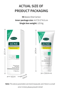 Acne facial cleanser packaging size specification detail image showing box and tube dimensions.