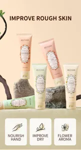 Detail view of moisturizing hand cream tubes featuring assorted floral and fruity scents for smooth skin.