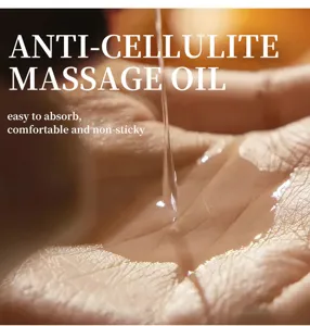 Détail en gros plan d'une huile de massage anticellulite qui pénètre en douceur.