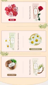 Detailed view of MEJISOO hand cream set featuring rose, chamomile, and coconut scents, 80g.