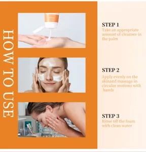 Limpiador facial de vitamina C detalle que muestra instrucciones de uso paso a paso.