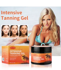 Vue détaillée du pot et de la boîte de gel bronzant intensif avec décor de plage.