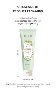 Detailed view of 80g avocado moisturizing hand cream tube with exact dimensions 15.5x3.4cm.