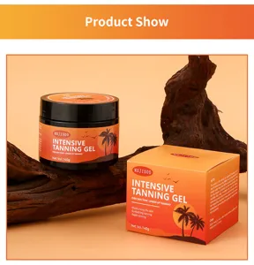 Vue détaillée du pot et de la boîte de gel de bronzage intensif MEJISOO sur du bois.