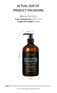 Detail specifique de l'huile de massage anticellulite avec dimensions et poids total.
