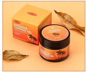 Vue détaillée du pot de gel bronzant et de sa boîte avec les inscriptions de la marque.