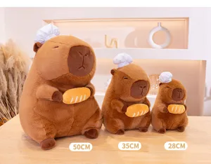 Detailed capybara plush toys in three sizes featuring chef hats and bread props on a clean table.